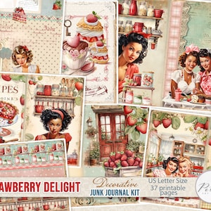Digitales Junk Journal Kit, Erdbeere Pin Up Girls, Vintage, Retro Journaling Seiten, 1950er Jahre Dessert Journal Seiten, dekorative druckbare Seiten