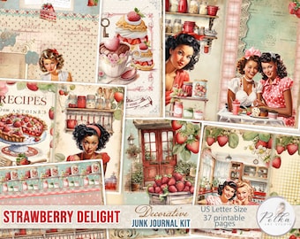 Digital Junk Journal Kit, Strawberry Pin Up Girls, Vintage, Retro Journaling Pages, 1950s Dessert Journal Pages, Decorative Printable Pages