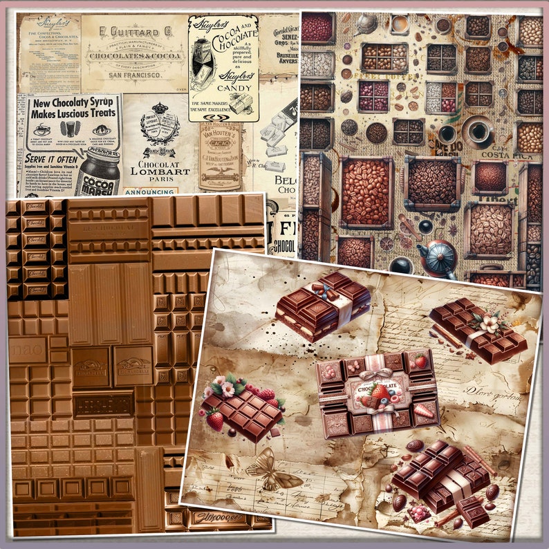 May include: A collage of vintage chocolate packaging and illustrations. The image features chocolate bars, boxes, and advertisements with text such as "New Chocolaty Syrup Makes Luscious Treats" and "Chocolat Lombart Paris".