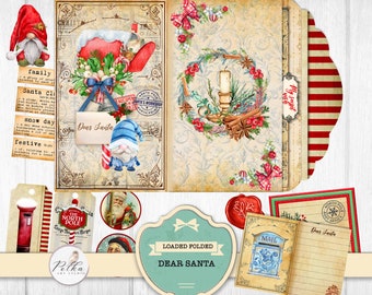 Junk Journal Folding Folio "Dear Santa", Christmas Journal Insert, Christmas Printable Digital Download, Mail, Letters to Santa Ephemera