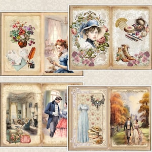 May include: A vintage-style scrapbook with six pages featuring various images, including a woman in a blue hat, a couple walking in a forest, and a woman in a blue dress. The scrapbook has a cream-colored background with floral accents.