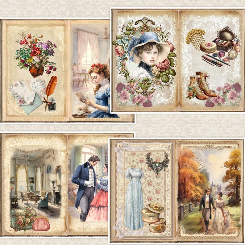 May include: A vintage-style scrapbook with six pages featuring various images, including a woman in a blue hat, a couple walking in a forest, and a woman in a blue dress. The scrapbook has a cream-colored background with floral accents.