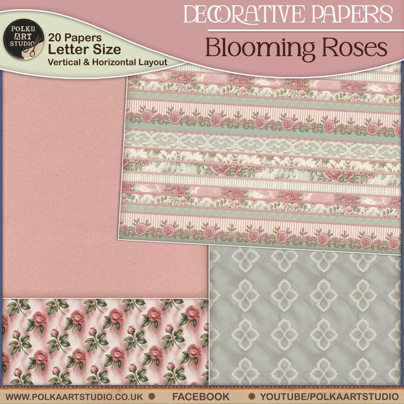 May include: Decorative paper set with a floral theme. The image shows various patterned papers, including designs with roses, stripes, and lace. The color palette includes pink, green, and cream. The text on the image reads "Blooming Roses" and "20 Papers Letter Size".