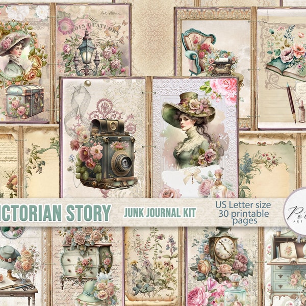 Junk Journal Digital Kit "A Victorian Story" Printable Vintage Shabby Chic Collage Papers, Victorian Journal, Scrapbook, Paper Craft
