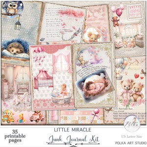Kit de journal indésirable vintage shabby chic bébé fille journal, déco pastel minable, cadeau, agenda, papiers bébé imprimables, album de scrapbooking bébé