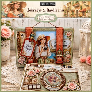 May include: A decorative suitcase album with the text "Journeys & Daydreams" and "Travel Keepsake Suitcase Album". The album features a vintage design with illustrations of a woman with a camera, flowers, and travel-themed elements. The album has a handle and a tag that says "Bon Voyage".