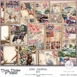 Kit di diario spazzatura digitale, pacchetto di carta per diario vittoriano vintage patriottico americano della fauna selvatica, stampabile, download istantaneo