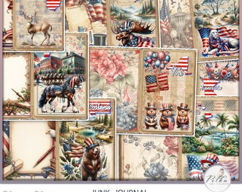 Puede incluir: Un kit de diario de chatarra digital con un tema patriótico. El kit incluye 12 papeles digitales con imágenes de banderas, animales y flores. Los papeles son de tamaño carta de EE. UU. El kit es perfecto para scrapbooking, creación de tarjetas y otras manualidades de papel.