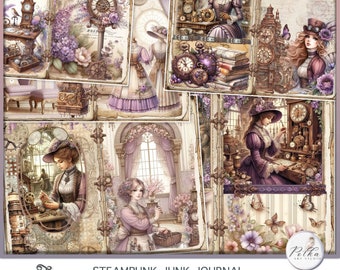 May include: A digital collage sheet with a steampunk theme featuring images of women in vintage clothing, clocks, gears, and butterflies. The sheet is titled "Steampunk Junk Journal Pages" and is labeled "US Letter Size" and "Polka Art Studio".