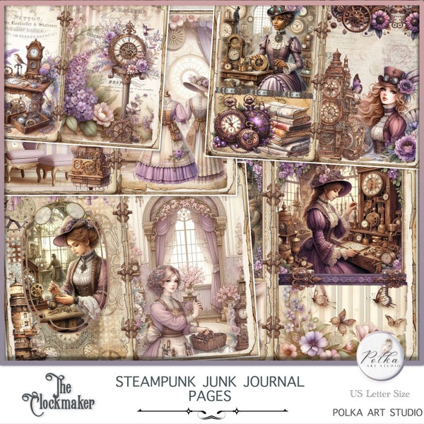 Digital Steampunk Junk Journal Kit, Victorian Vintage Purple Clocks, Watch Printable Vintage Graphics, Instant Download Journal Paper Pack
