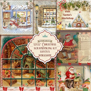 Digital Christmas Printable Vintage Paper Pack &quot;Santa&#39;s Workshop&quot; -6 Collage/ Scrapbooking/ Journal/ Decoupage Pages