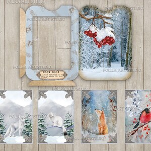 May include: A digital collage featuring a winter scene with a snowy forest, red berries, and various animals. The collage includes a frame with the text "snow boot" and four smaller images of a fox, a bird, and two arctic foxes.