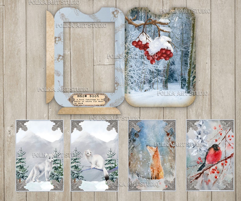 May include: A digital collage featuring a winter scene with a snowy forest, red berries, and various animals. The collage includes a frame with the text "snow boot" and four smaller images of a fox, a bird, and two arctic foxes.
