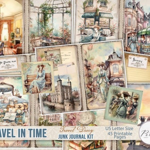 Diário de lixo de viagem, planejador para impressão de viagem vitoriana, download digital, enfeites vintage, álbum de recortes de viagem, diário com marcadores