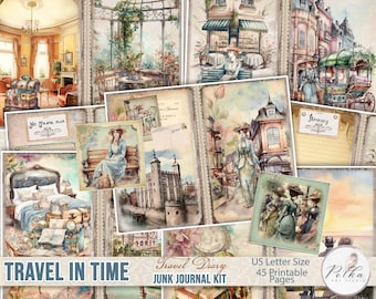 May include: A digital printable junk journal kit with 45 pages featuring vintage travel themed images. The kit includes images of a Parisian street scene, a woman in a garden, a vintage travel poster, and a vintage luggage label. The kit is designed for use with a US letter size journal.
