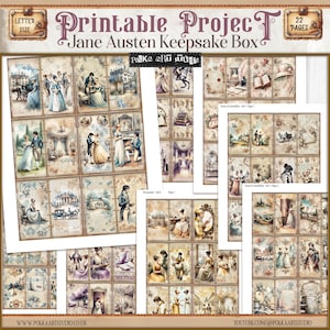 May include: A printable project for a Jane Austen keepsake box. The project includes 22 pages of images featuring scenes from Jane Austen's novels, including Sense and Sensibility and Persuasion. The images are in a vintage style with a light brown background and are perfect for scrapbooking or other craft projects.