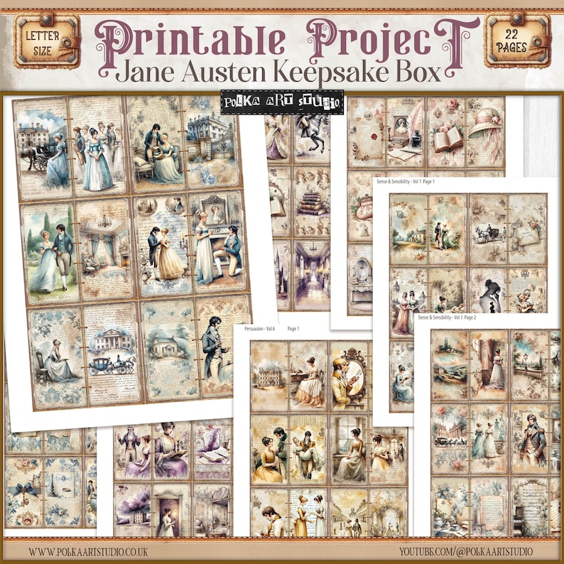 May include: A printable project for a Jane Austen keepsake box. The project includes 22 pages of images featuring scenes from Jane Austen's novels, including Sense and Sensibility and Persuasion. The images are in a vintage style with a light brown background and are perfect for scrapbooking or other craft projects.
