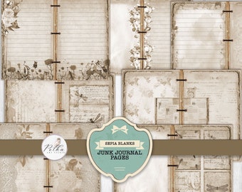 Junk Journal Kit Floral Sepia Blanko und Linierte Seiten - Journaling Essentials, neutrale druckbare Papiere, dekorative Seiten, Digitaler Download