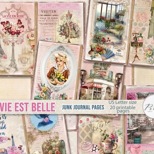 Papiers décoratifs romantiques pour journal intime, « La Vie Est Belle » Pages de journalisation imprimables Paris shabby chic vintage en téléchargement numérique