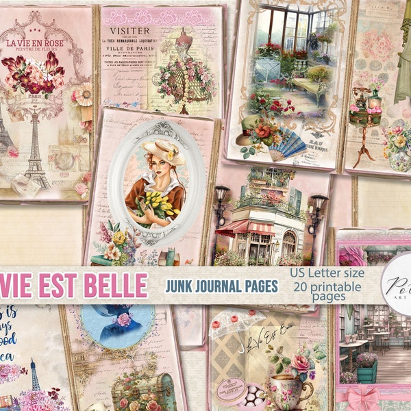 Junk Journal Decorative Romantic Papers, "La Vie Est Belle" Digital Download Shabby Chic Vintage Paris Printable Journaling Pages