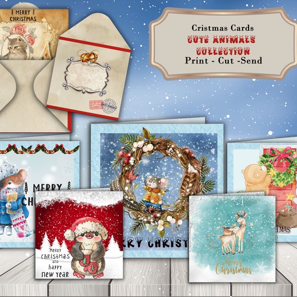 Printable Christmas Cards Pack - Mix and Match - "The Cute Animals Collection"6  Cards / Envelopes / Backpaper - Instant download cards