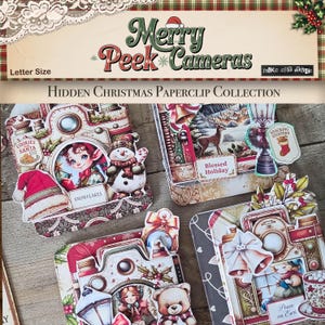 May include: A collection of Christmas-themed paperclip designs shaped like cameras. Each camera features festive illustrations, including elves, snowmen, and holiday scenes. The text "Merry Peek Cameras" and "Hidden Christmas Paperclip Collection" are visible.