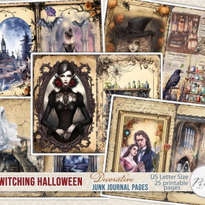 May include: A set of 25 printable junk journal pages featuring a spooky Halloween theme. The pages include images of a witch, a graveyard, a ghost, and other Halloween imagery. The pages are designed to be used in a junk journal or other creative projects.
