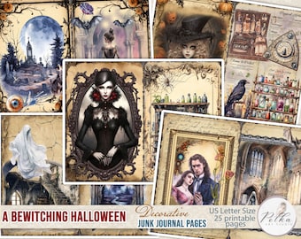 May include: A set of 25 printable junk journal pages featuring a spooky Halloween theme. The pages include images of a witch, a graveyard, a ghost, and other Halloween imagery. The pages are designed to be used in a junk journal or other creative projects.