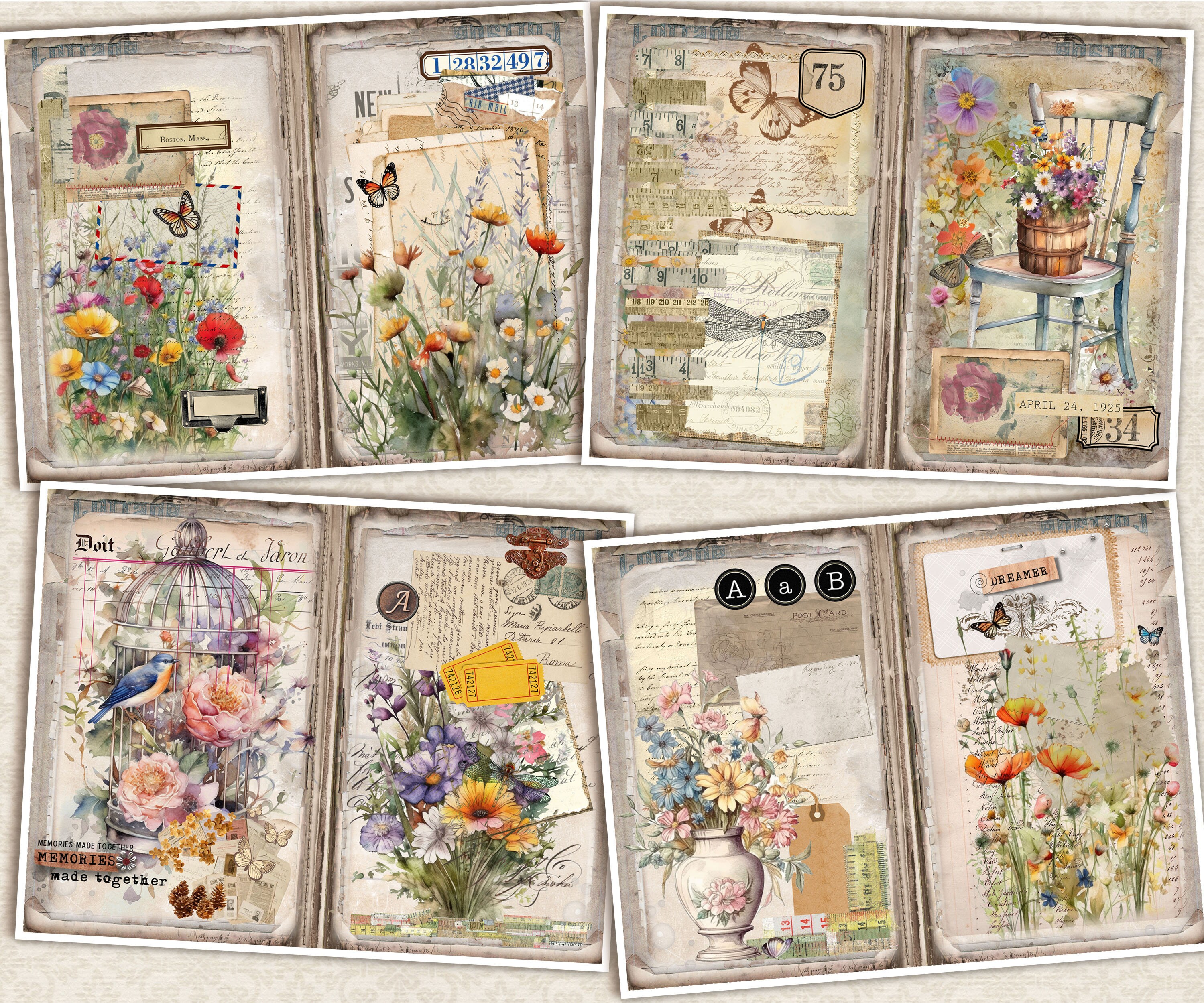 ダージリンページ★写真の60冊 Junk Journal Digital Kit Vintage Grunge Wildflowers Journal