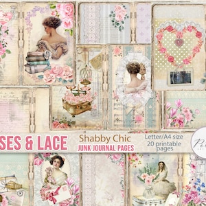 Kit de diario basura con rosas Shabby Chic, diario imprimible de San Valentín vintage, hojas de collage vintage, papeles digitales con rosas y encajes