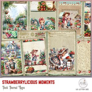 Pagine decorative di fragole del diario spazzatura digitale, pacchetto di carta rustica retrò vintage, download istantaneo, Scrapbooking stampabile, Journaling