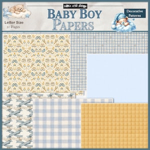 Puede incluir: Papeles para beb&eacute; ni&ntilde;o con patrones decorativos. La imagen muestra varios papeles estampados en tonos azules, amarillos y crema. Los dise&ntilde;os incluyen biberones, sonajeros y cuadros de vichy. El texto dice "Baby Boy Papers" y "Letter Size 20 Pages".
