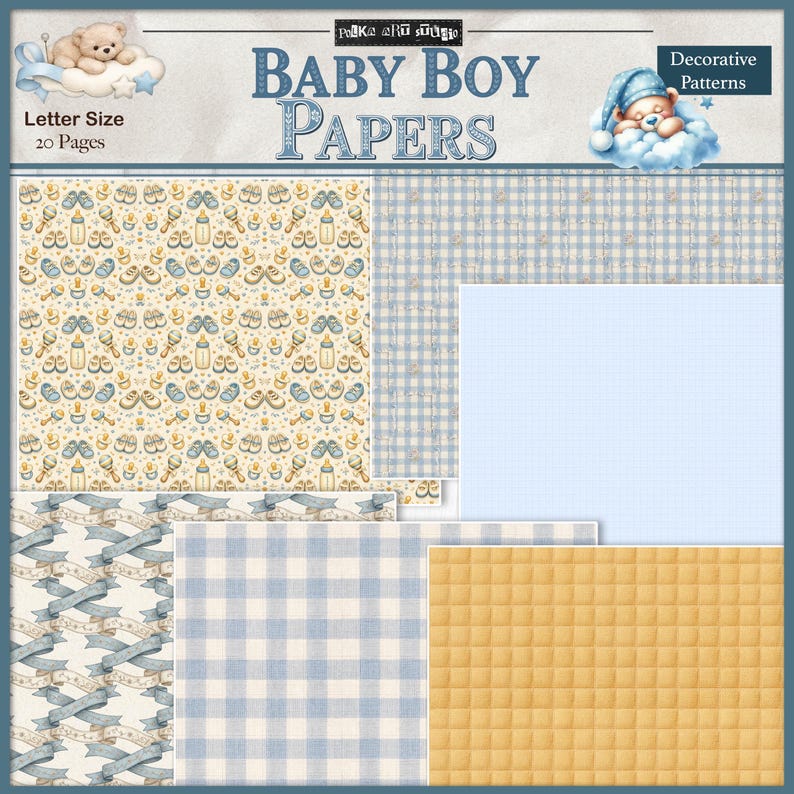 Puede incluir: Papeles para beb&eacute; ni&ntilde;o con patrones decorativos. La imagen muestra varios papeles estampados en tonos azules, amarillos y crema. Los dise&ntilde;os incluyen biberones, sonajeros y cuadros de vichy. El texto dice "Baby Boy Papers" y "Letter Size 20 Pages".