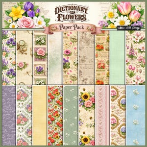 Könnte beinhalten: Ein Papierpaket mit dem Titel "Dictionary of Flowers" mit verschiedenen floralen Designs. Das Paket enthält Papiere mit Rosen, Schmetterlingen, Sonnenblumen und botanischen Illustrationen. Die Farbpalette umfasst weiche Pastelltöne, darunter Rosa, Gelb und Grün.