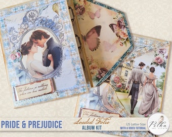 May include: A loaded folio album kit with a romantic theme. The album features images of a couple and butterflies, with a quote that reads "The distance is nothing when one has motive." The kit includes a video tutorial.