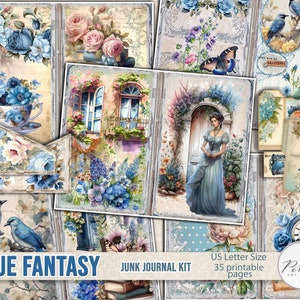 Junk Journal Kit blauwe bloemen papier kit, vintage afdrukbaar bloemendagboek, collagevellen, digitale download papers, cijferkit, versieringen