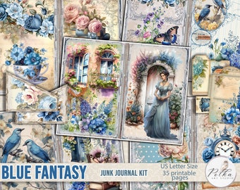 Junk Journal Kit Blue Flowers Paper Kit, Vintage Floral Printable Journal, Collage Sheets, Digital Download Papers, Digit Kit,Embellishments