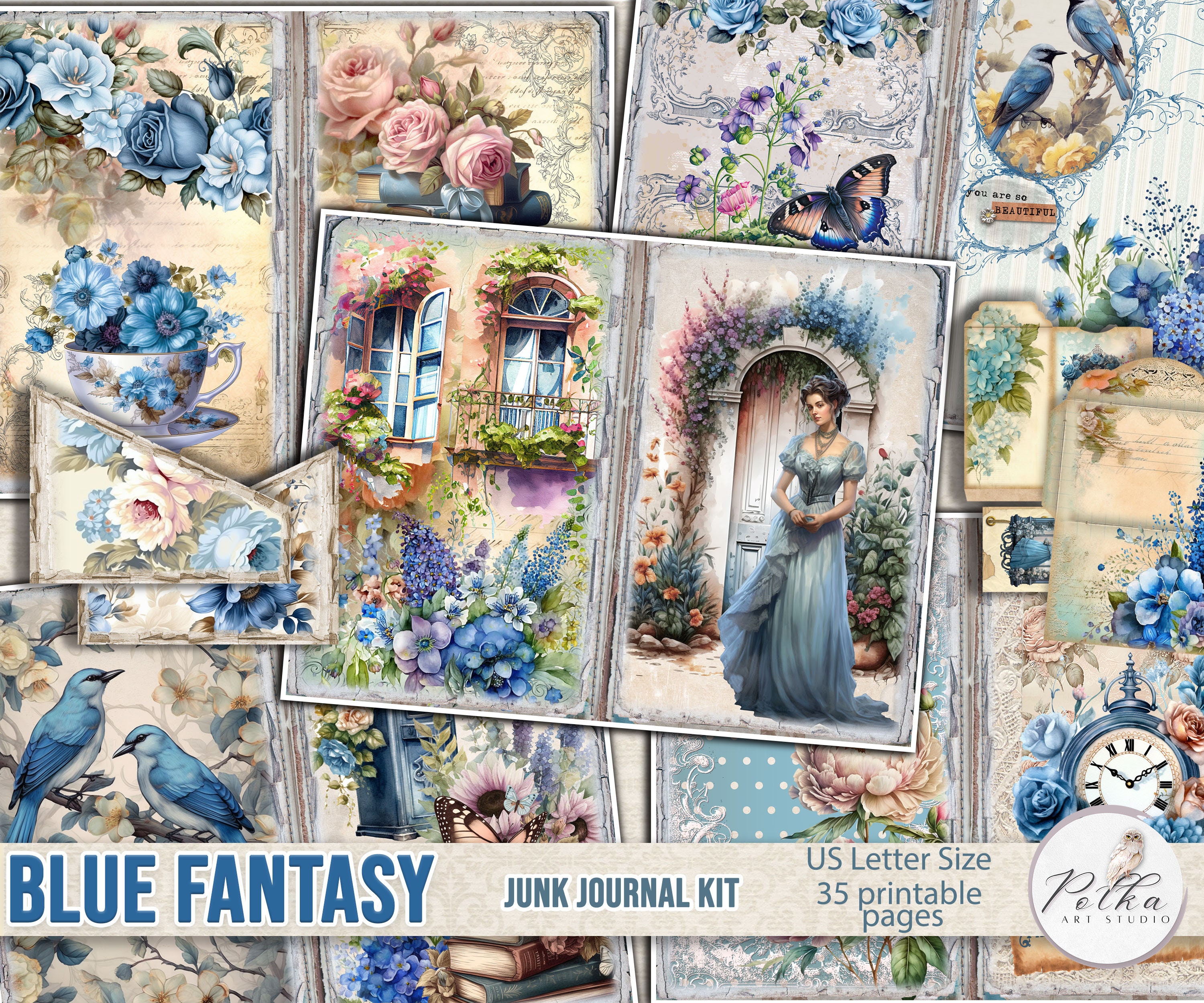 Blue Floral Junk Journal Kit: Vintage Printable Collage Sheets (digital ...