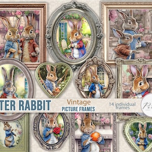 Peter Rabbit, Junk Journal Ephemera, Vintage Bilderrahmen, Printable Digital Download Osterhase, Hasen, Scrapbook, Frühlingscollage