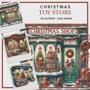 Puede incluir: Ilustración en acuarela de una juguetería navideña con el texto "Christmas Toy Store" y "Christmas Shop". La imagen presenta una fachada verde con nieve, coronas y un oso de peluche. Incluye tres imágenes más pequeñas.