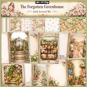 Puede incluir: Un kit de diario basura titulado "The Forgotten Greenhouse" con varios papeles con temas florales y de hadas. El kit incluye páginas con ilustraciones de hadas, escenas de jardín y patrones florales en colores pastel suaves.