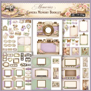 May include: A collection of scrapbook elements with a vintage theme. The design features a camera, frames, butterflies, and floral accents in soft pastel colors. The text "Memories" and "Camera Memory Booklet" are visible.