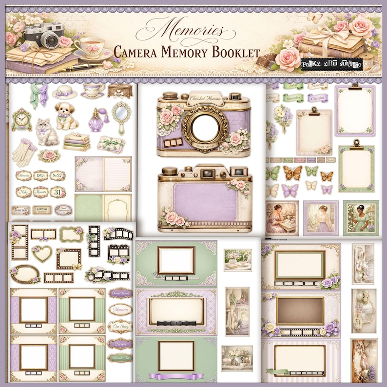 May include: A collection of scrapbook elements with a vintage theme. The design features a camera, frames, butterflies, and floral accents in soft pastel colors. The text "Memories" and "Camera Memory Booklet" are visible.