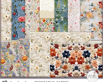 Könnte beinhalten: Ein Set aus 10 digitalen Papieren mit gestickten Blumenmustern in verschiedenen Farben, darunter Blau, Rosa, Rot, Orange und Grün. Die Papiere sind mit "Decorative Papers Kit" und "Polka Art Studio" beschriftet.