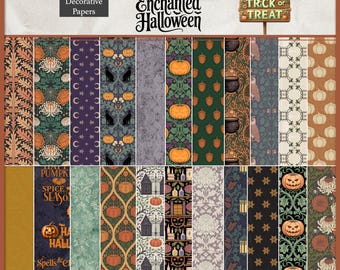 Könnte beinhalten: Dekorative Papiere im Letter-Format mit verschiedenen Halloween-Mustern. Designs umfassen Kürbisse, schwarze Katzen, Monde und florale Motive in Orange, Grün, Lila und Schwarz. Die Wörter "Enchanted Halloween" und "Trick or Treat" sind sichtbar.