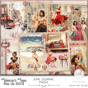 Digitale Retro Junk Journal Kit, Vogue Fashion Girls, Valentijnsdag, Retro collagepagina's, digitale download, DIY retro collage, afdrukbaar