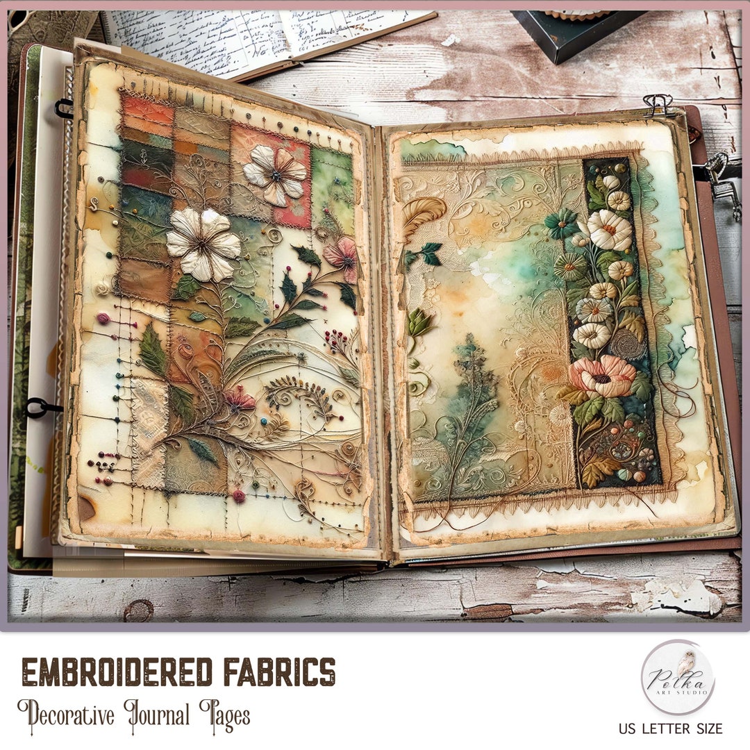 Green Embroidered Fabrics Junk Journal Pages: Vintage Watercolor ...