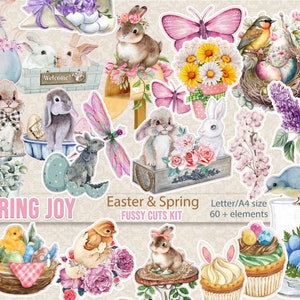 Junk Journal Easter and Spring Fussy Cuts Ephemera Kit, Printable Easter Stickers, Watercolor Spring Collage Sheet, Scrapbooking Paper