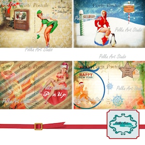 Diário de Natal vintage Pin-ups, Cartões postais para impressão / 8 cartões postais digitais vintage, diário digital de objetos antigos, itens para scrapbooking
