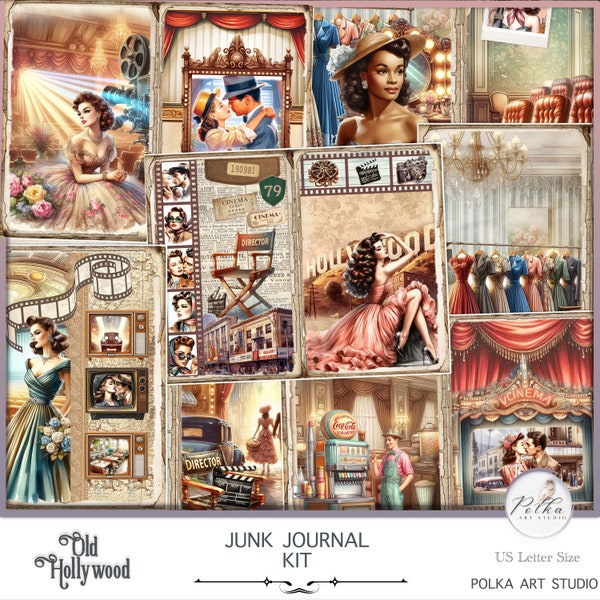 Digital Junk Journal Kit, Retro Vintage Cinema, Hollywood Journal Cinema Ephemera, Printable Movies graphics, Antique Old Movies Digi Kit